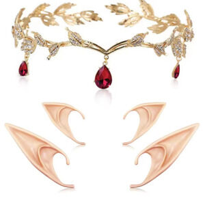 Gold Elf Fairy Tiara Crown with Red Gem & 2 Pairs Elf Ears Cosplay Halloween